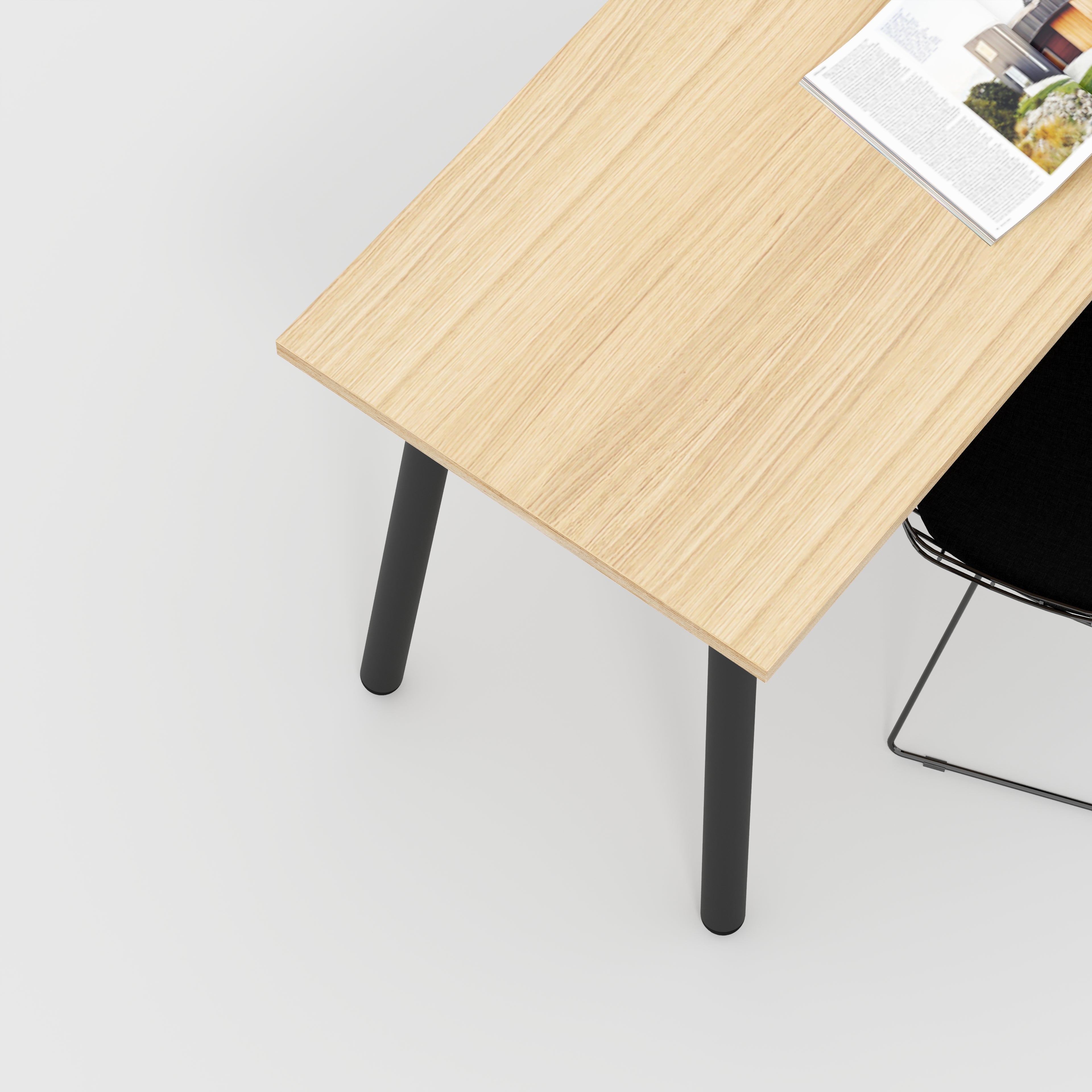 Desk with Black Round Single Pin Legs - Plywood Oak - 1600(w) x 800(d) x 735(h)